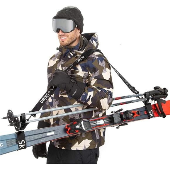 Ski Strap and Pole Carrier with Cushioned Sling - For Families, Black